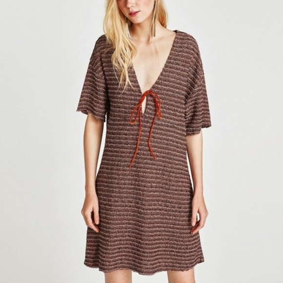 ZARA TRF Tweed Knit Striped Short Sleeve Mini Dress Women’s Small - Picture 1 of 8
